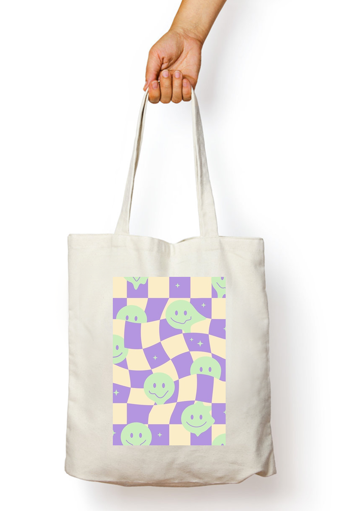 Y2K Checkered Smiley Tote Bag - Aesthetic Phone Cases - Culltique