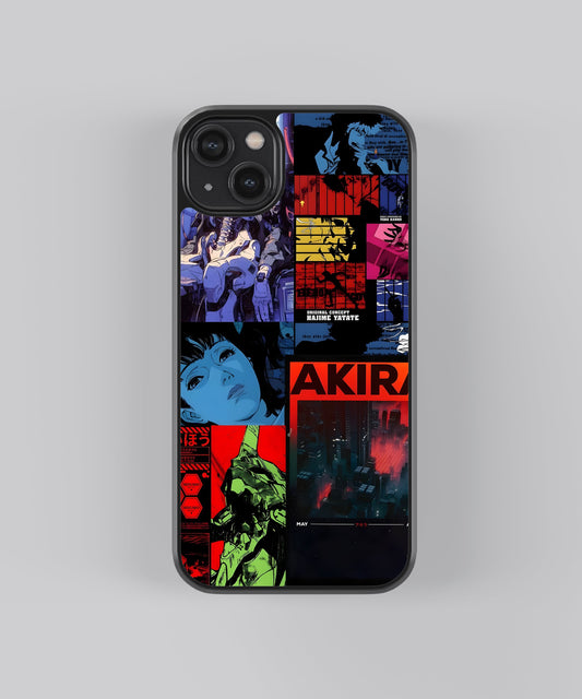 Glossy glass phone case featuring printed design artwork, shown with smooth reflective surface