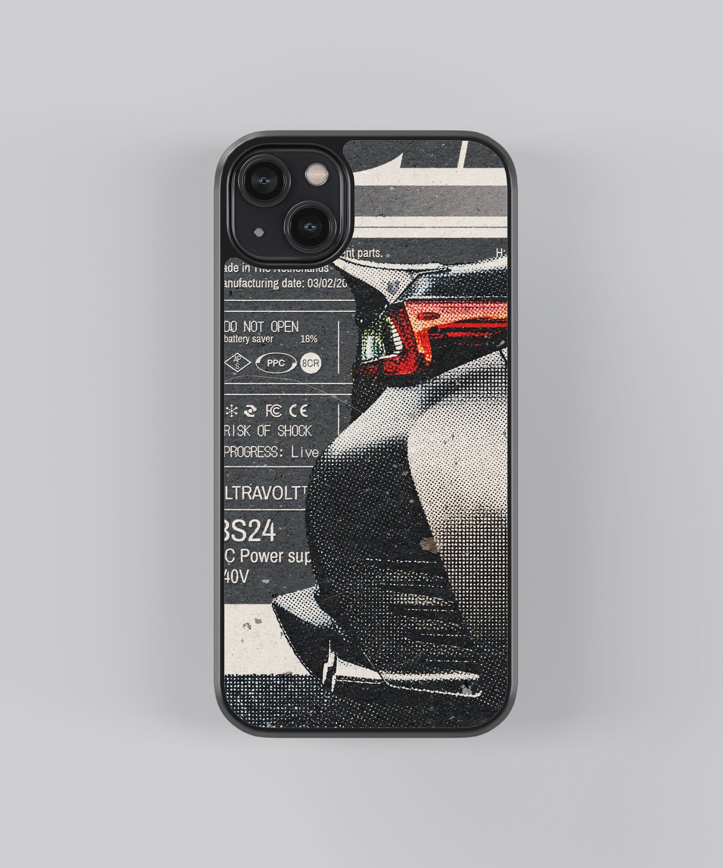 Glossy glass phone case featuring printed design artwork, shown with smooth reflective surface