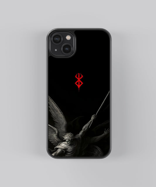 Glossy glass phone case featuring printed design artwork, shown with smooth reflective surface