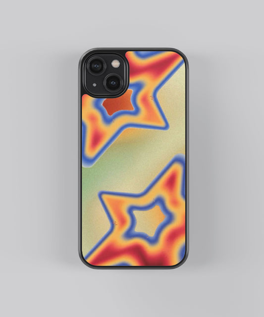 Glossy glass phone case featuring printed design artwork, shown with smooth reflective surface