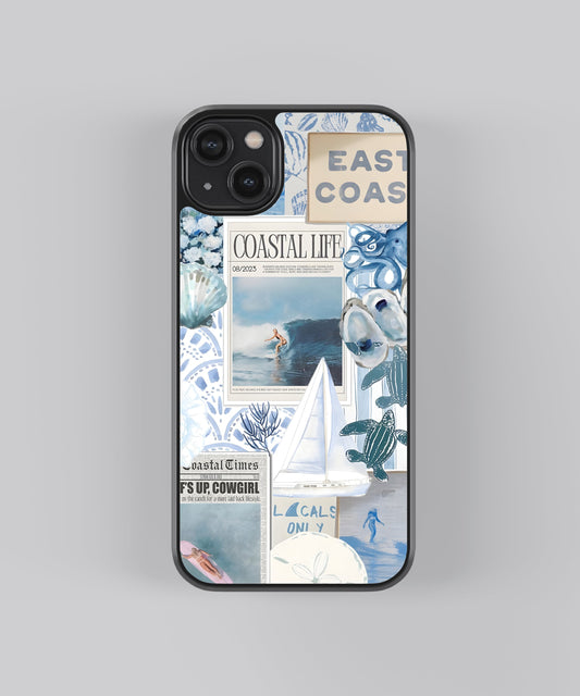 Glossy glass phone case featuring printed design artwork, shown with smooth reflective surface