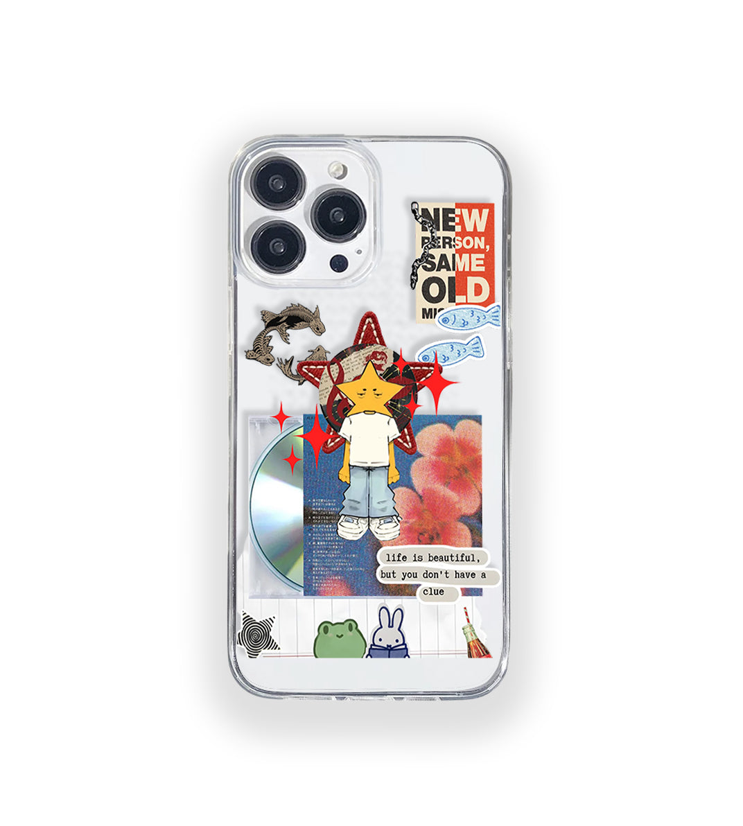 Clear silicone phone case featuring minimalist printed artwork, shown in lightweight transparent finish