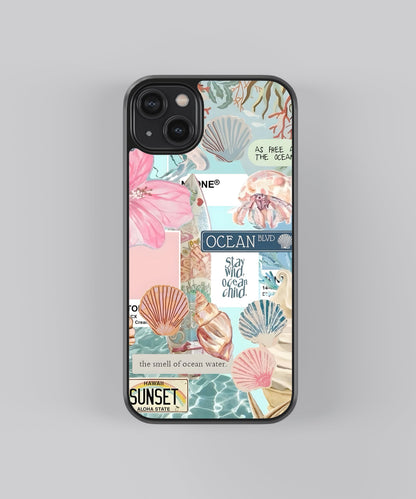 Glossy glass phone case featuring printed design artwork, shown with smooth reflective surface