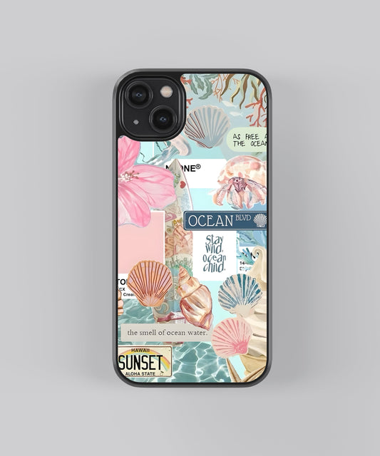 Glossy glass phone case featuring printed design artwork, shown with smooth reflective surface