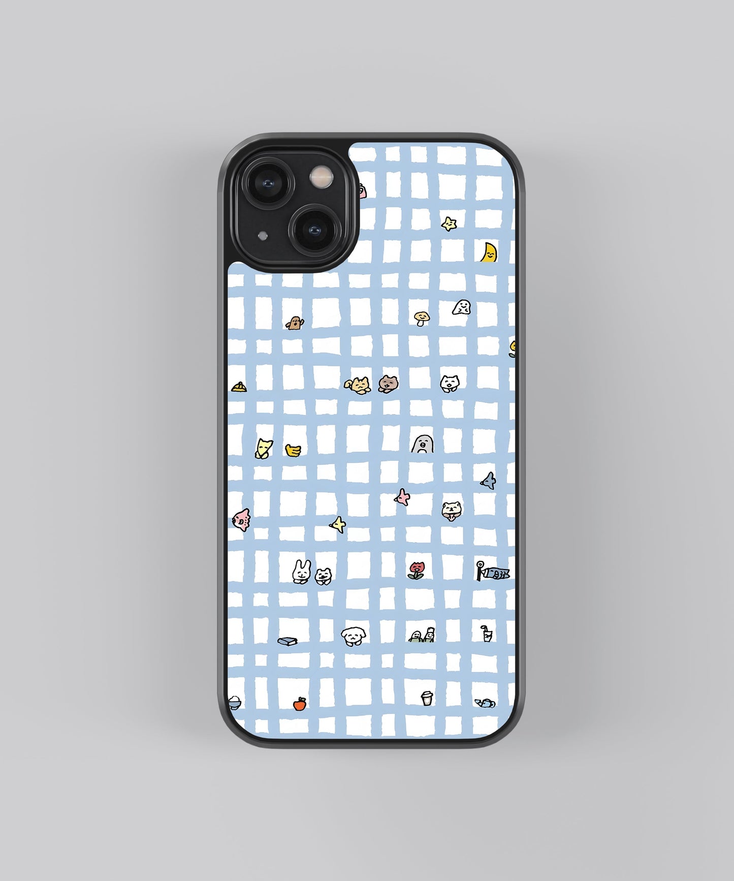 Glossy glass phone case featuring printed design artwork, shown with smooth reflective surface