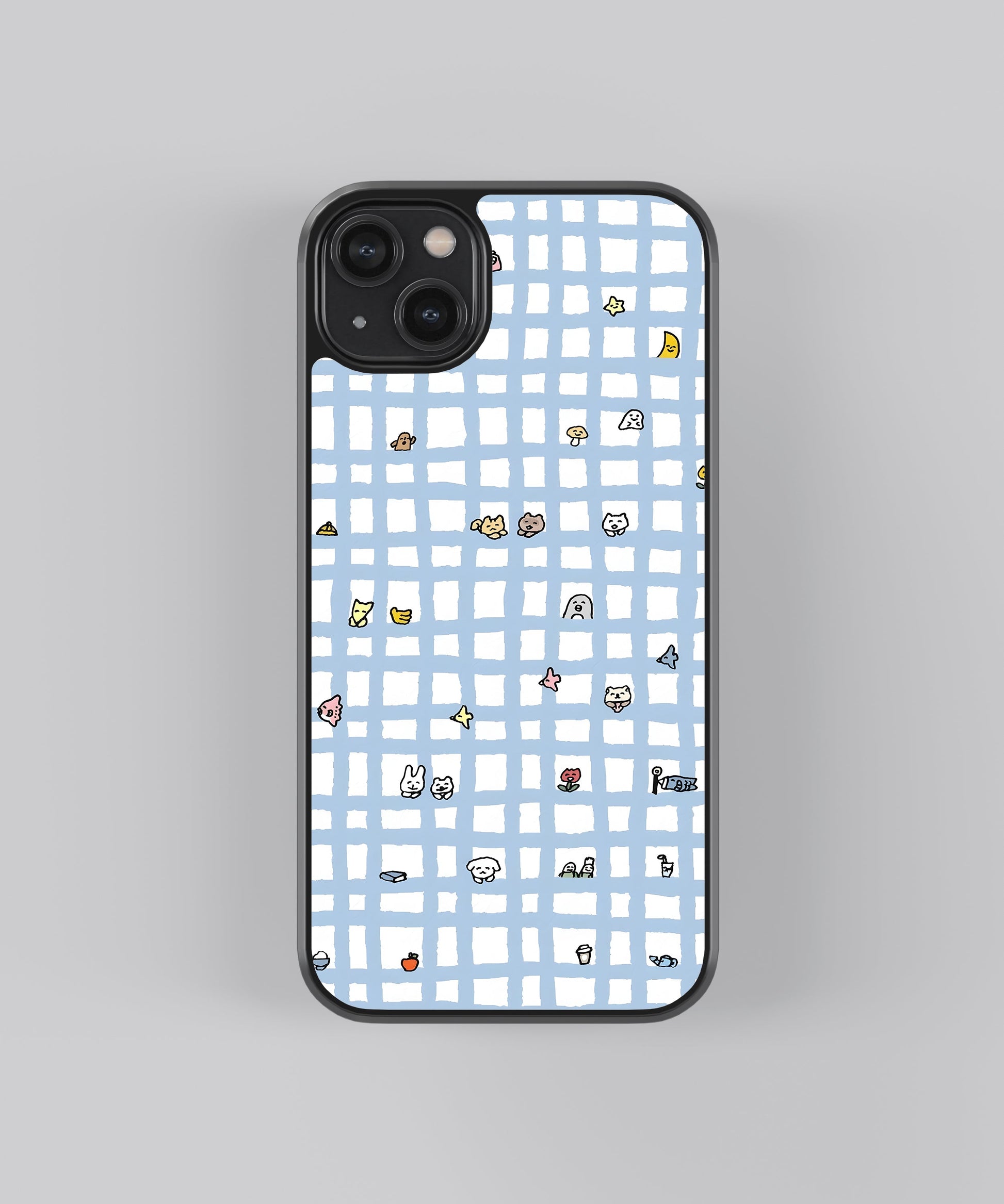 Glossy glass phone case featuring printed design artwork, shown with smooth reflective surface