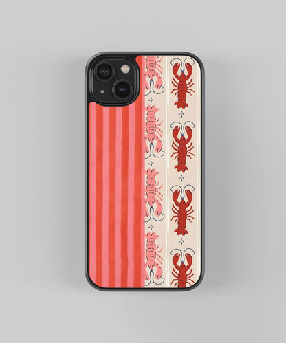 Glossy glass phone case featuring printed design artwork, shown with smooth reflective surface
