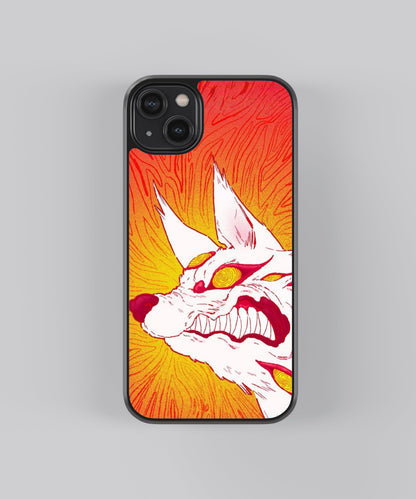 Glossy glass phone case featuring printed design artwork, shown with smooth reflective surface