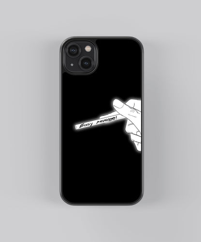 Glossy glass phone case featuring printed design artwork, shown with smooth reflective surface