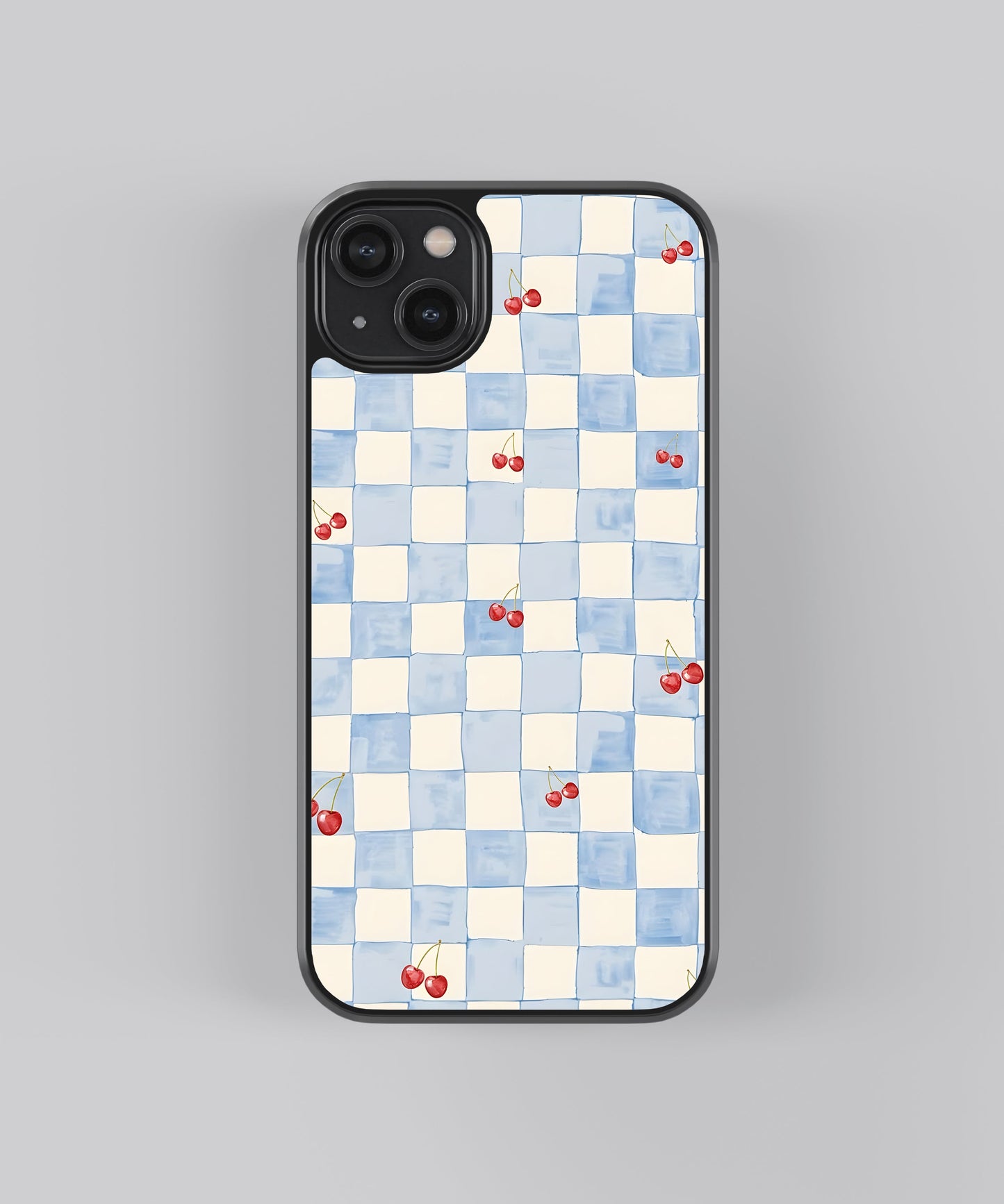 Glossy glass phone case featuring printed design artwork, shown with smooth reflective surface