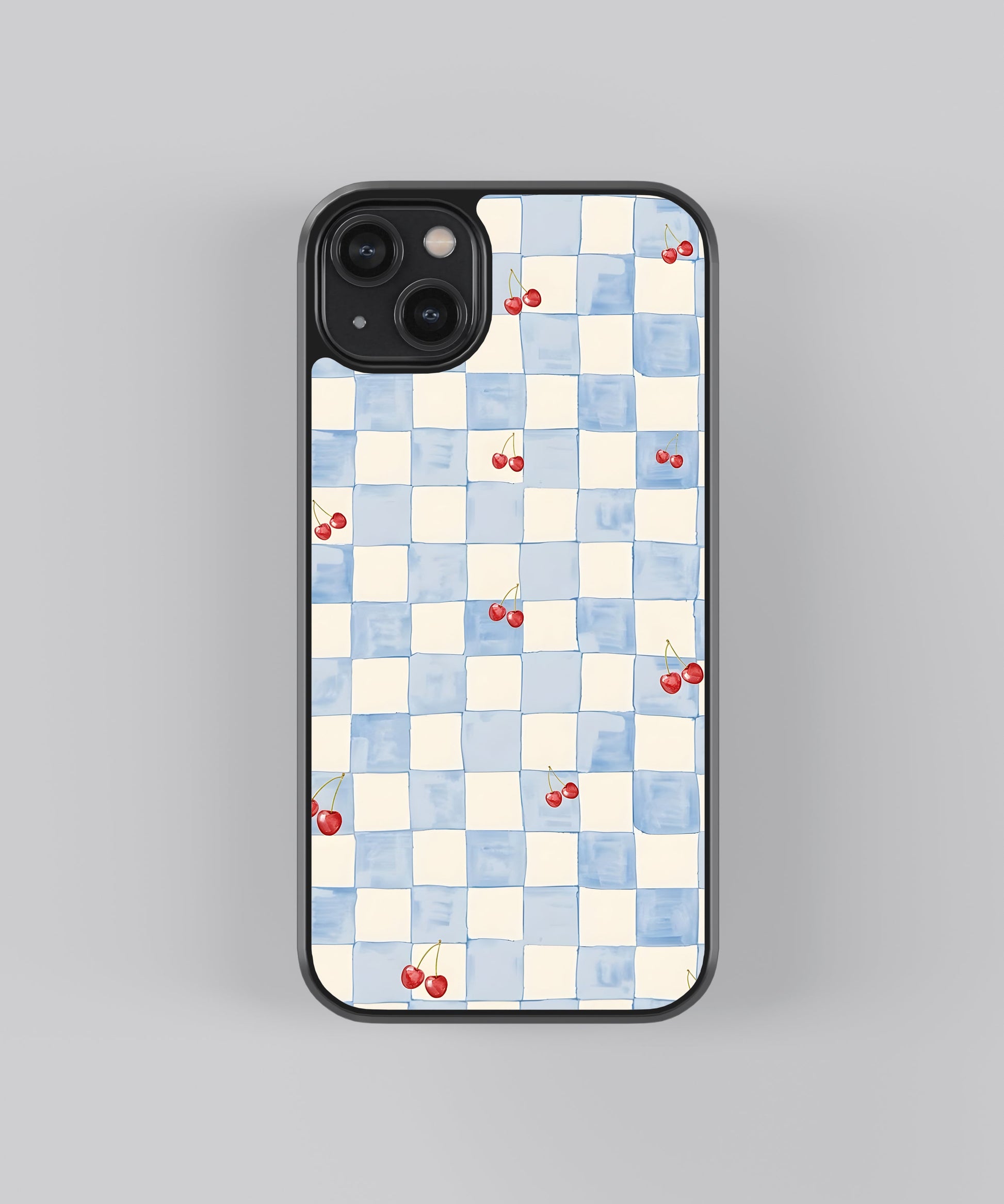 Glossy glass phone case featuring printed design artwork, shown with smooth reflective surface