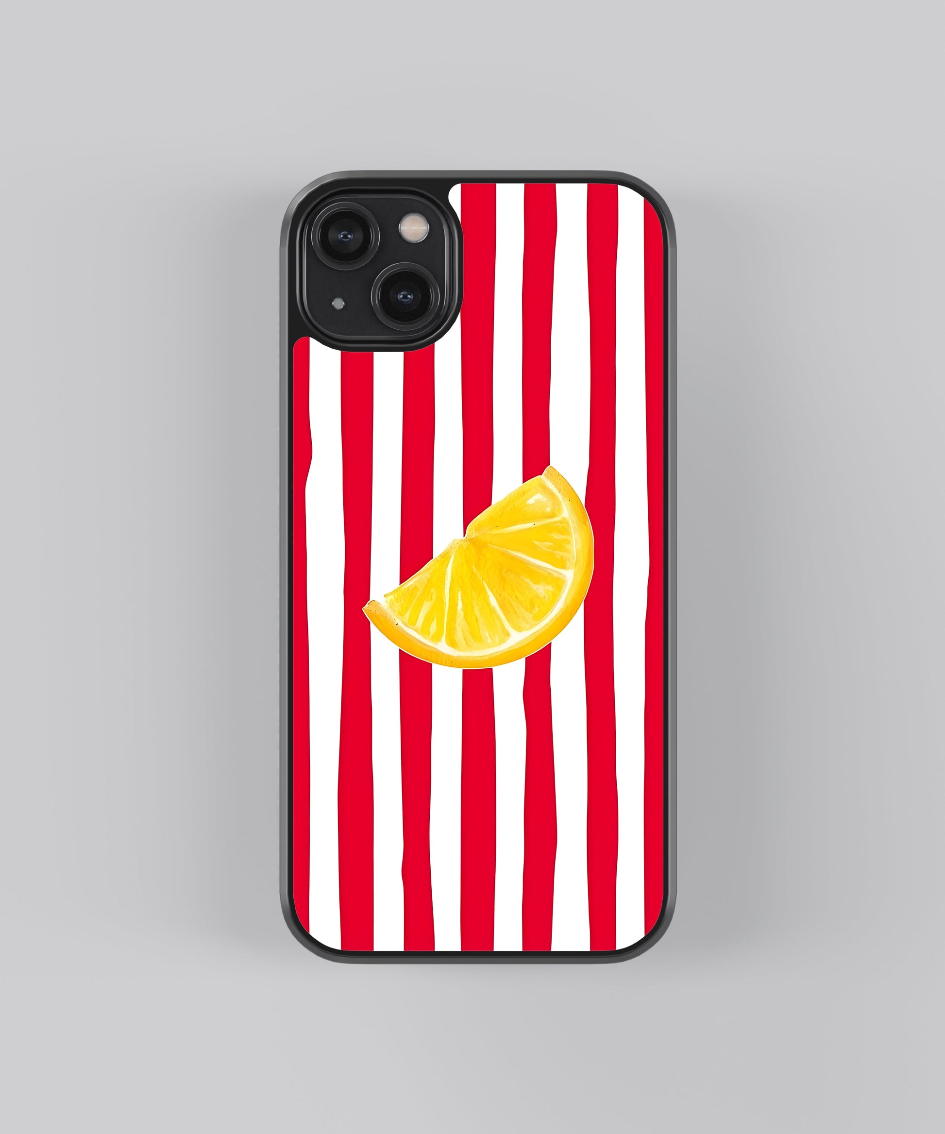 Glossy glass phone case featuring printed design artwork, shown with smooth reflective surface