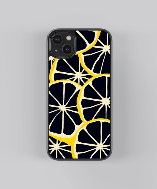 Glossy glass phone case featuring printed design artwork, shown with smooth reflective surface