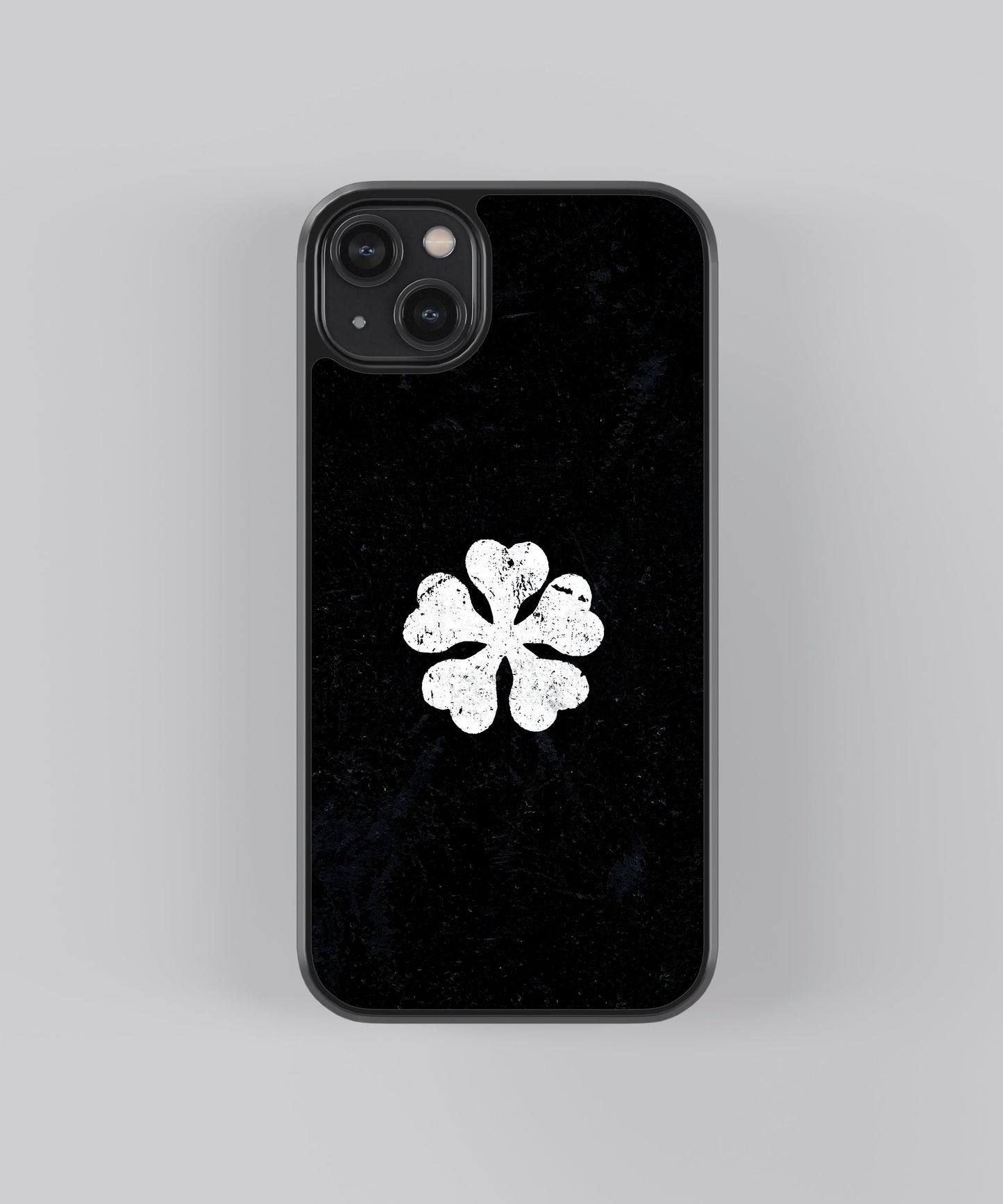 Glossy glass phone case featuring printed design artwork, shown with smooth reflective surface