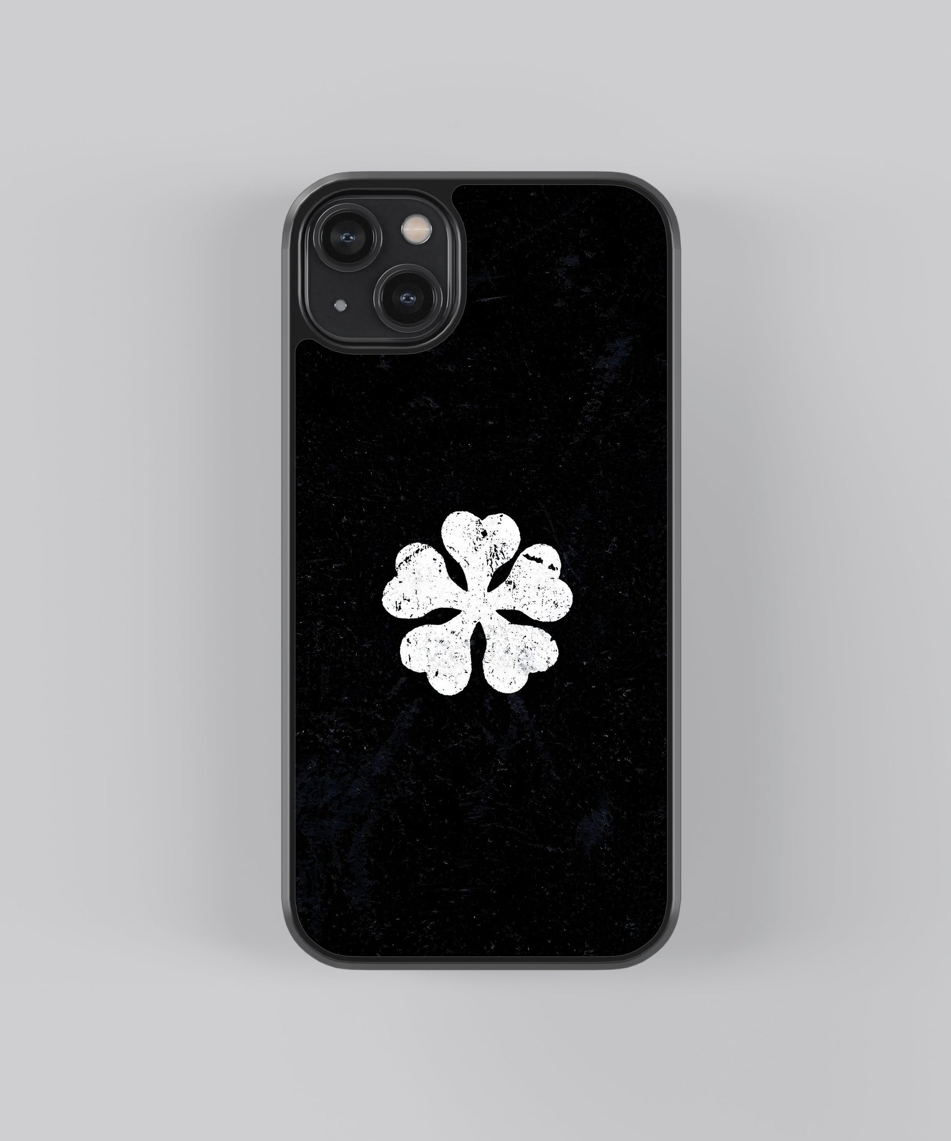 Glossy glass phone case featuring printed design artwork, shown with smooth reflective surface