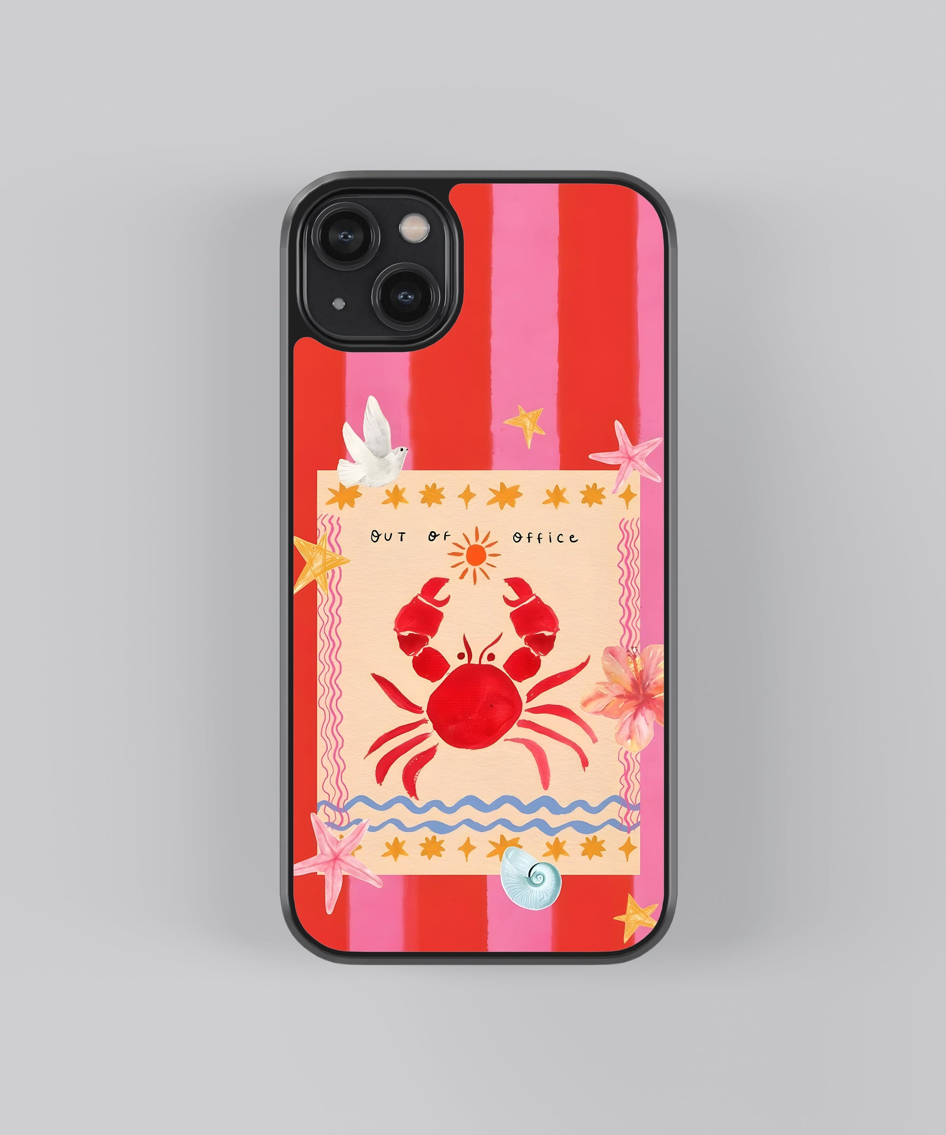 Glossy glass phone case featuring printed design artwork, shown with smooth reflective surface
