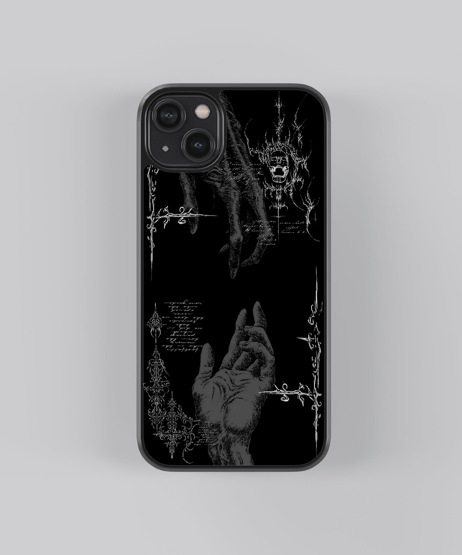 Glossy glass phone case featuring printed design artwork, shown with smooth reflective surface