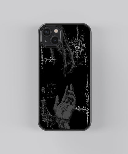 Glossy glass phone case featuring printed design artwork, shown with smooth reflective surface