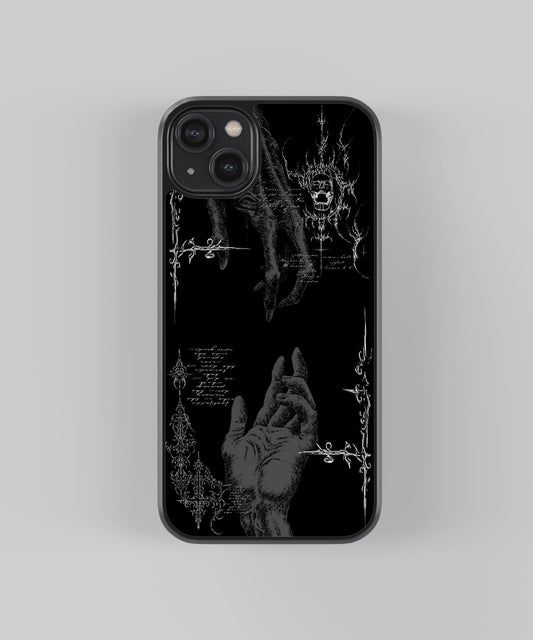 Glossy glass phone case featuring printed design artwork, shown with smooth reflective surface