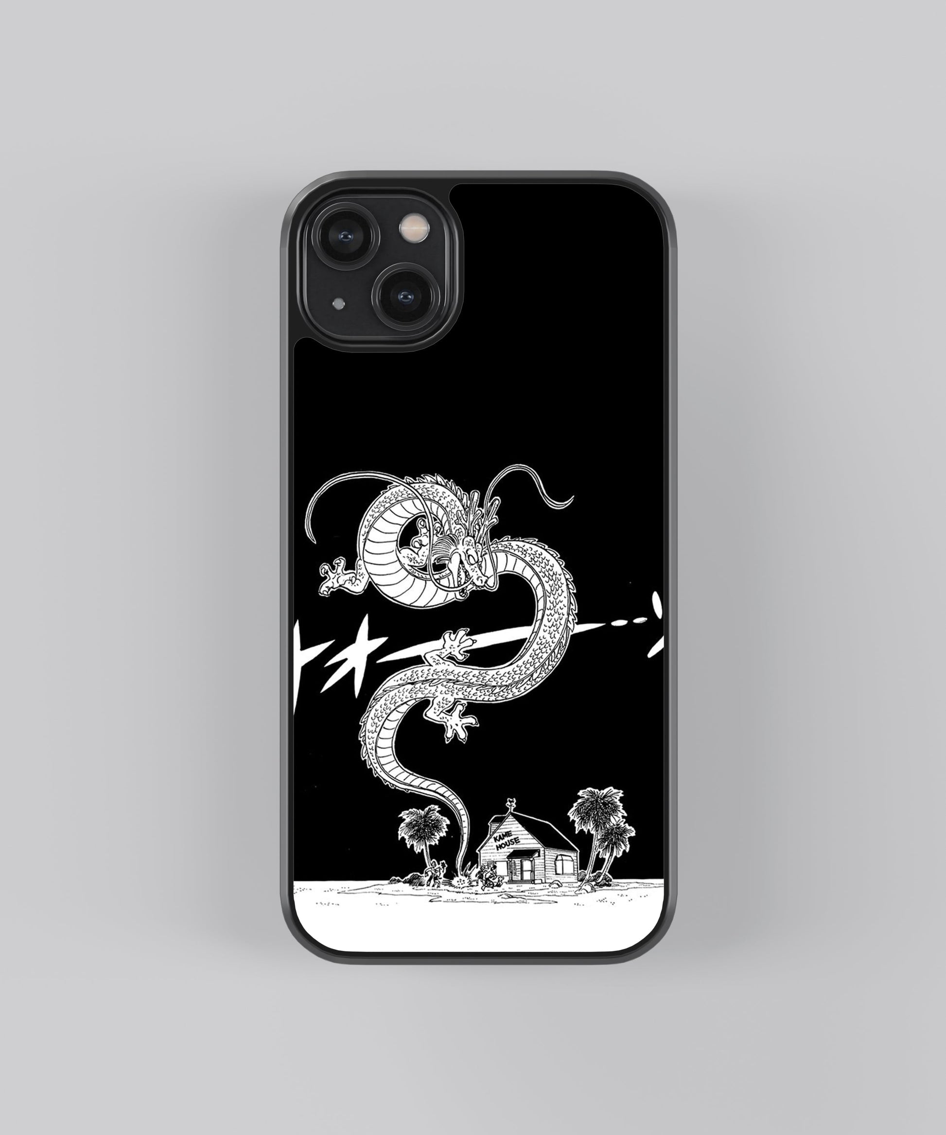 Glossy glass phone case featuring printed design artwork, shown with smooth reflective surface