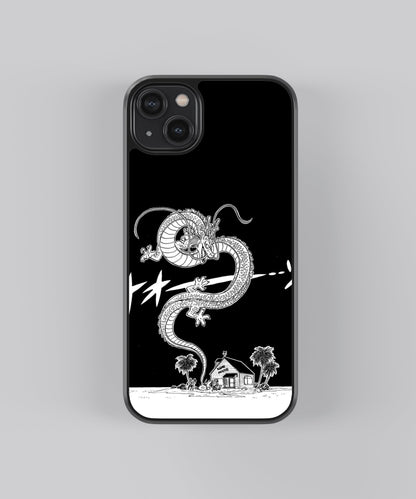 Glossy glass phone case featuring printed design artwork, shown with smooth reflective surface