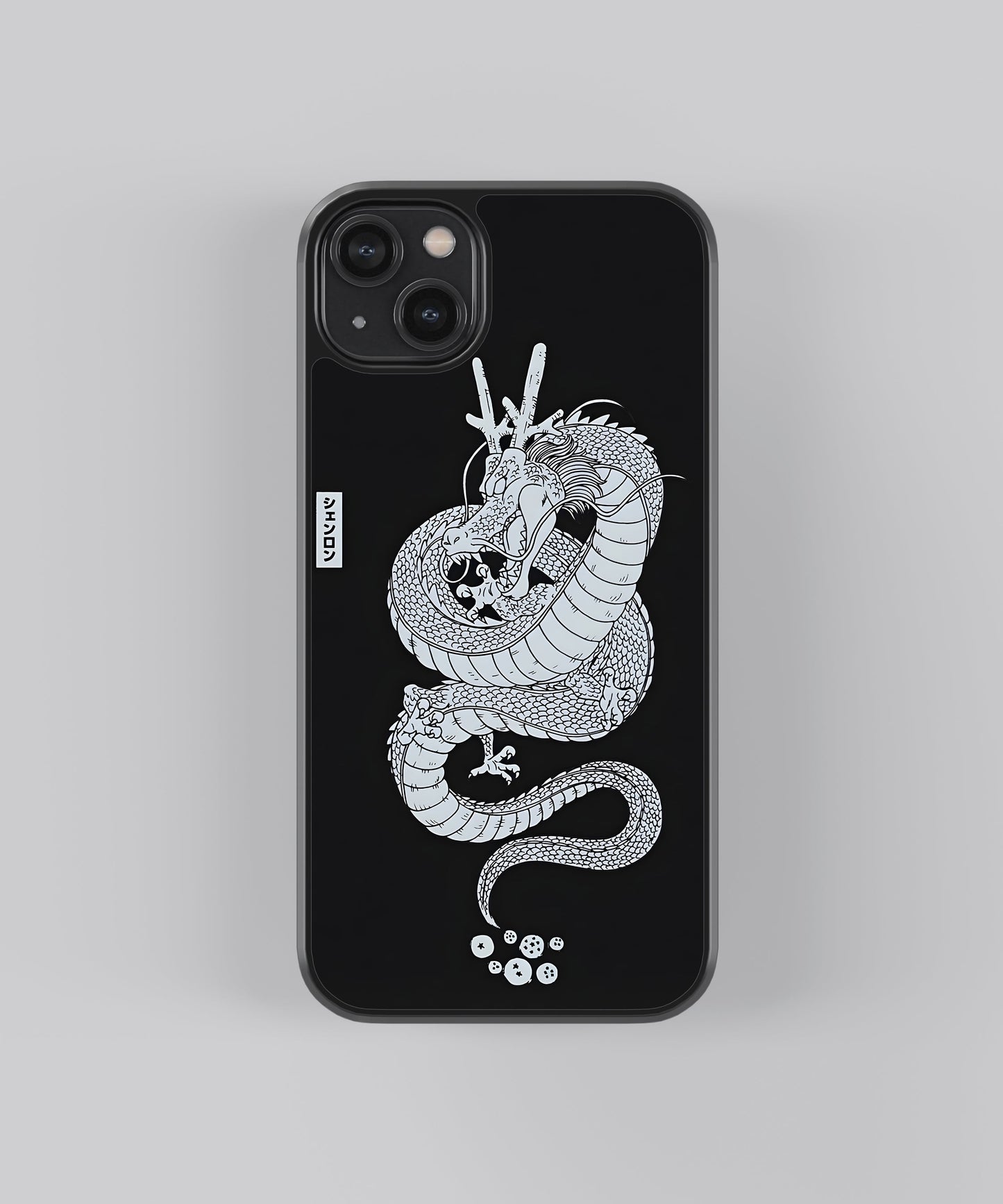 Glossy glass phone case featuring printed design artwork, shown with smooth reflective surface