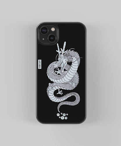 Glossy glass phone case featuring printed design artwork, shown with smooth reflective surface