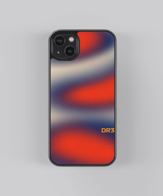 Glossy glass phone case featuring printed design artwork, shown with smooth reflective surface