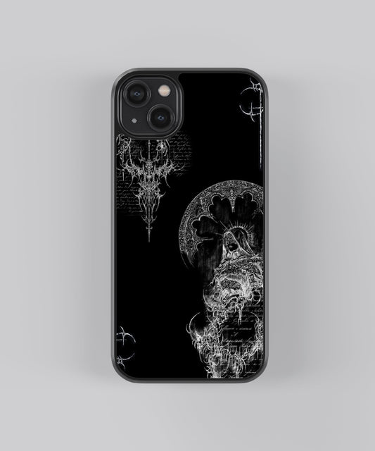 Glossy glass phone case featuring printed design artwork, shown with smooth reflective surface