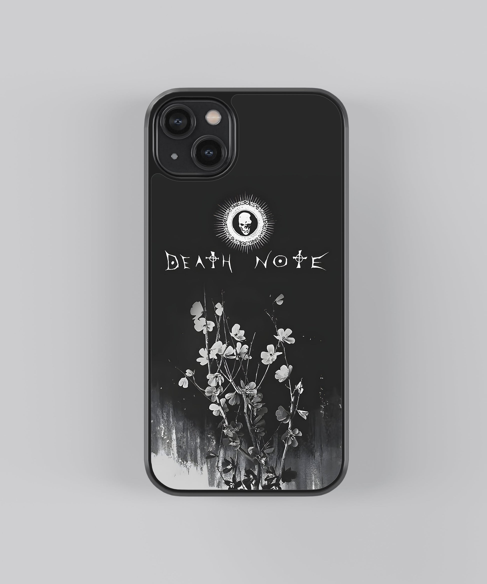 Glossy glass phone case featuring printed design artwork, shown with smooth reflective surface