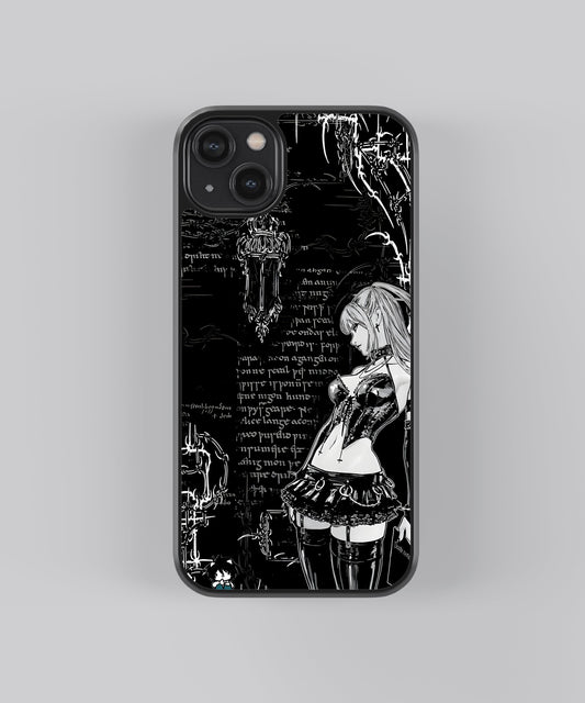 Glossy glass phone case featuring printed design artwork, shown with smooth reflective surface