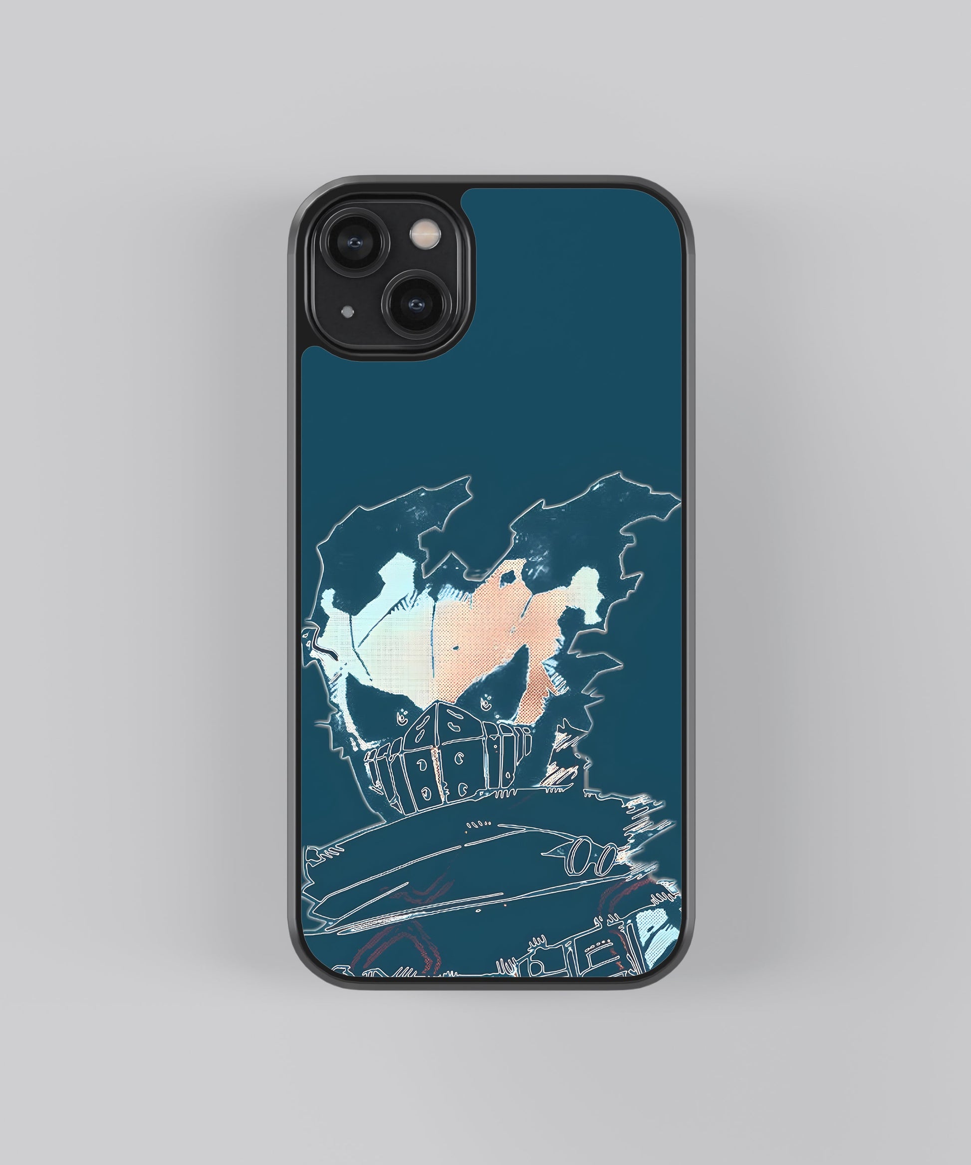 Glossy glass phone case featuring printed design artwork, shown with smooth reflective surface