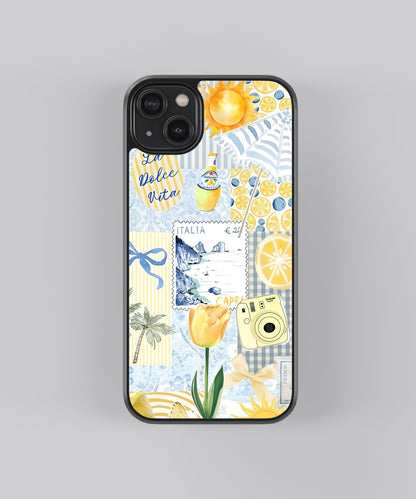 Glossy glass phone case featuring printed design artwork, shown with smooth reflective surface