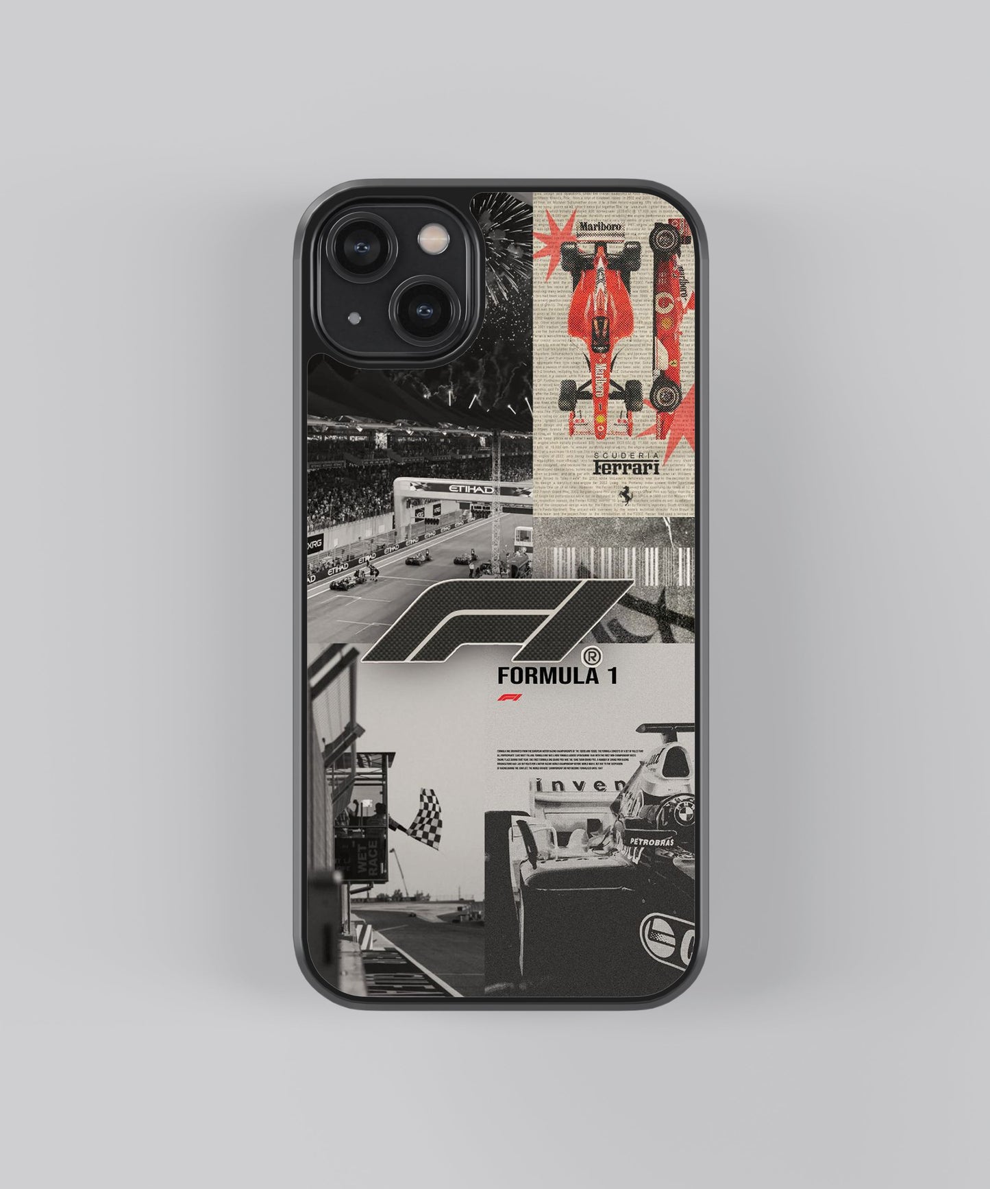 Glossy glass phone case featuring printed design artwork, shown with smooth reflective surface
