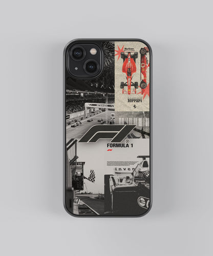 Glossy glass phone case featuring printed design artwork, shown with smooth reflective surface