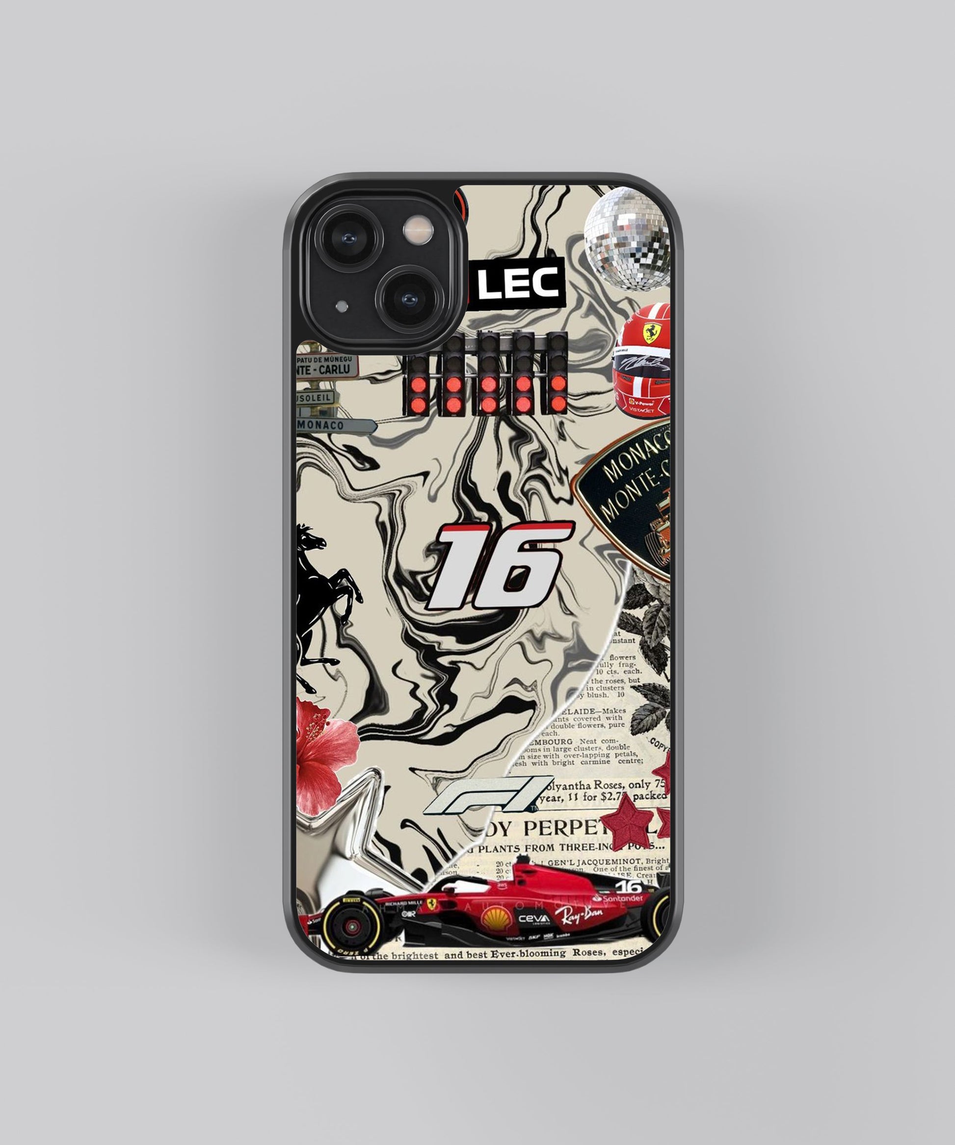 Glossy glass phone case featuring printed design artwork, shown with smooth reflective surface
