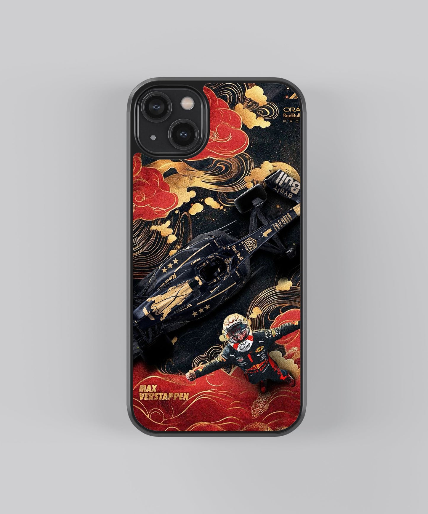 Glossy glass phone case featuring printed design artwork, shown with smooth reflective surface