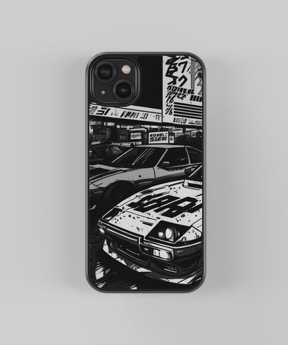 Glossy glass phone case featuring printed design artwork, shown with smooth reflective surface