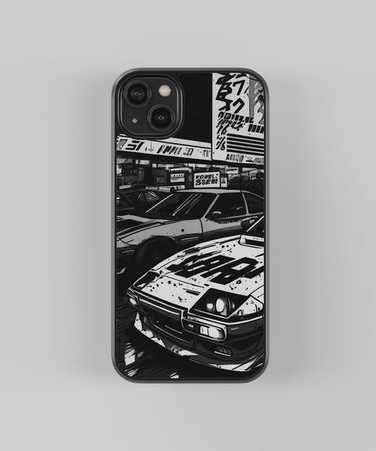 Glossy glass phone case featuring printed design artwork, shown with smooth reflective surface