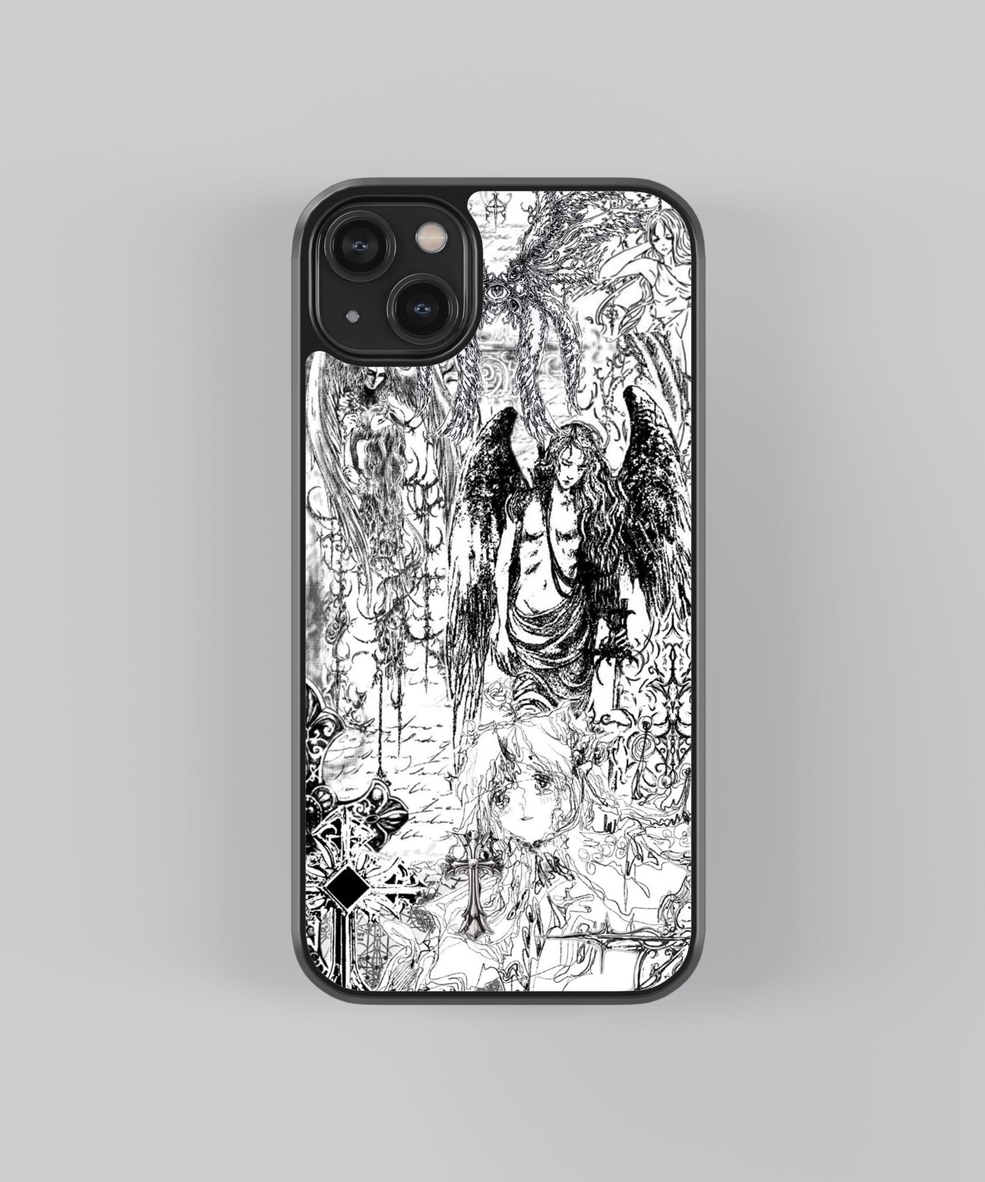 Glossy glass phone case featuring printed design artwork, shown with smooth reflective surface