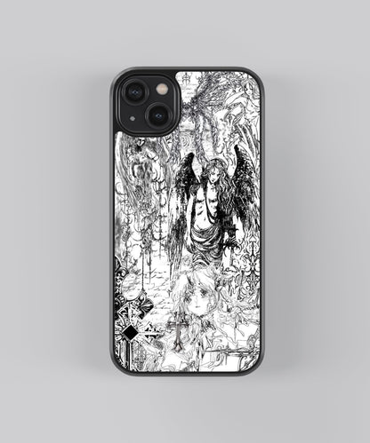 Glossy glass phone case featuring printed design artwork, shown with smooth reflective surface