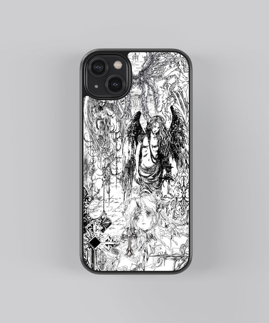 Glossy glass phone case featuring printed design artwork, shown with smooth reflective surface