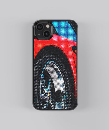 Glossy glass phone case featuring printed design artwork, shown with smooth reflective surface