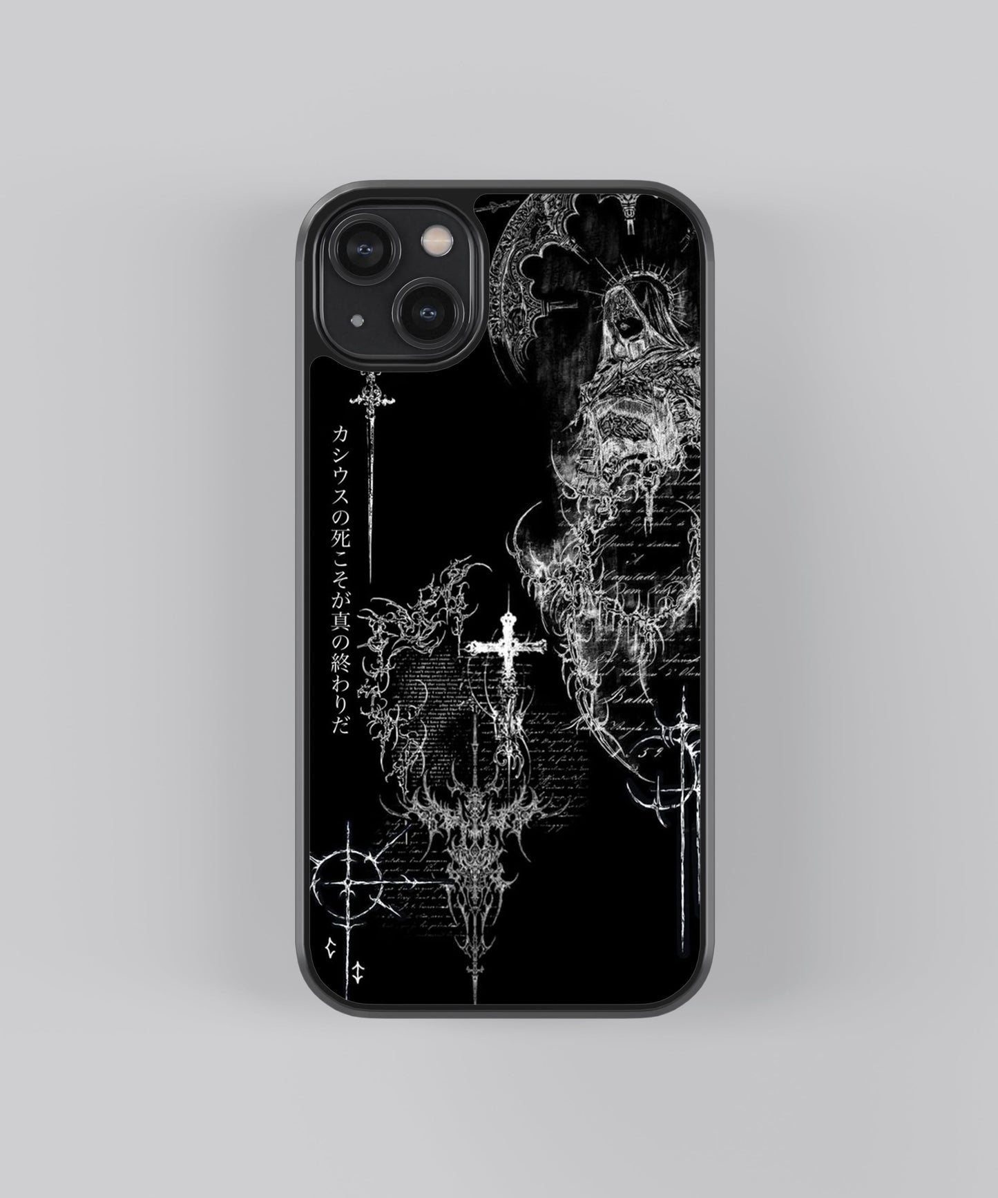Glossy glass phone case featuring printed design artwork, shown with smooth reflective surface