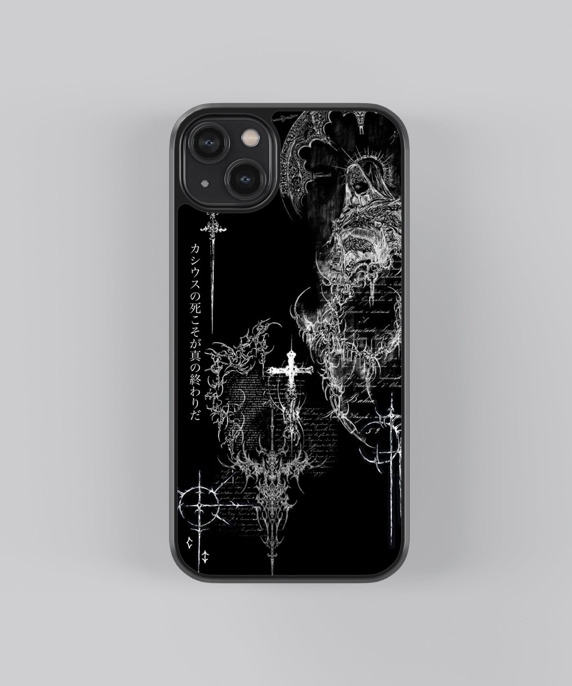 Glossy glass phone case featuring printed design artwork, shown with smooth reflective surface