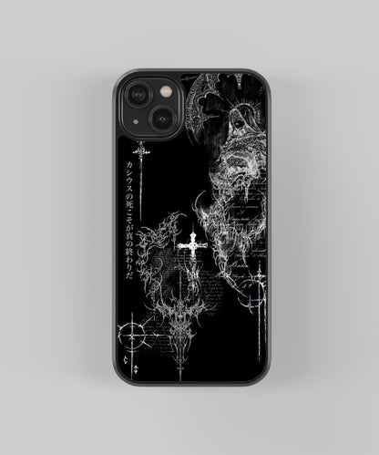 Glossy glass phone case featuring printed design artwork, shown with smooth reflective surface