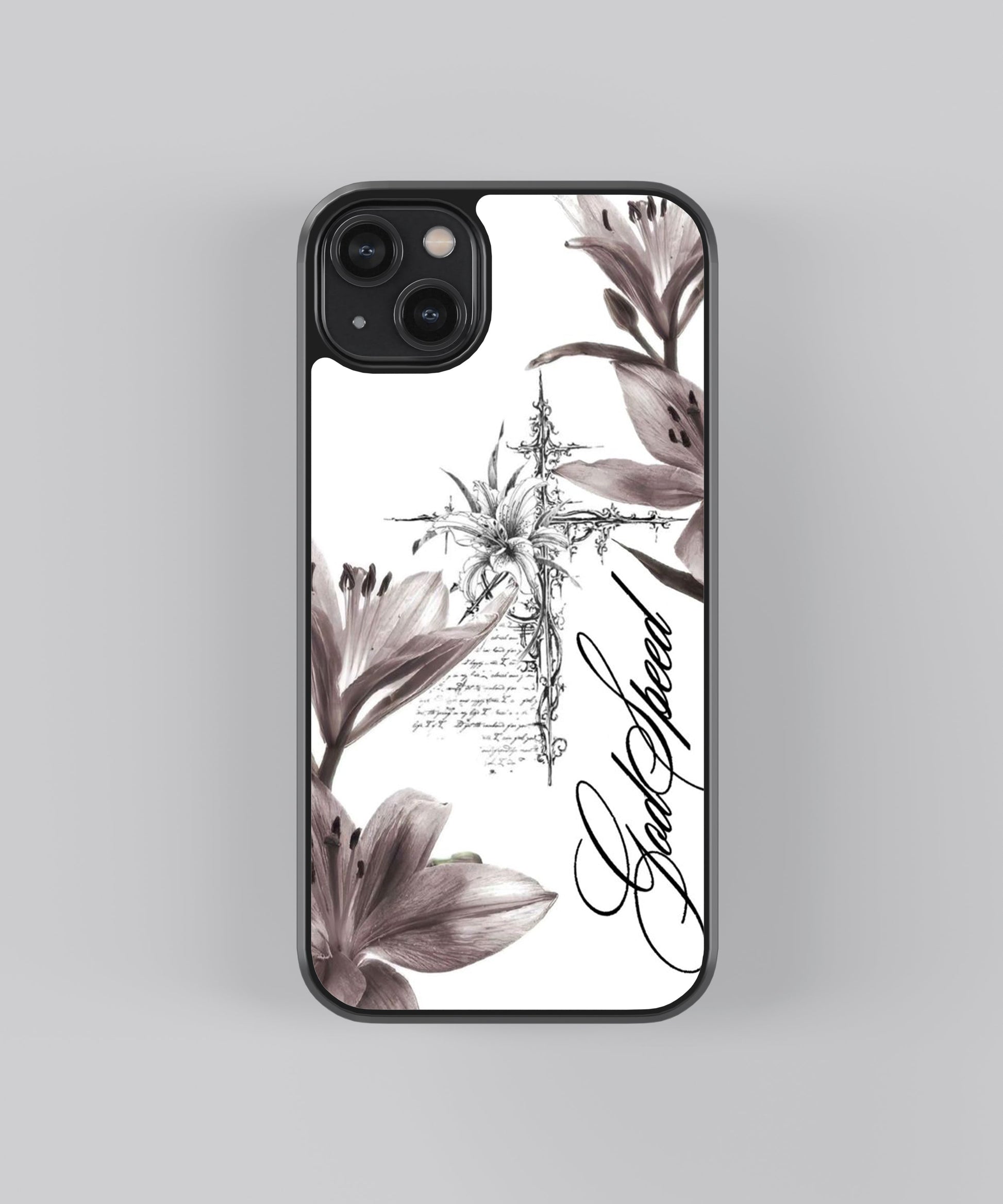 Glossy glass phone case featuring printed design artwork, shown with smooth reflective surface