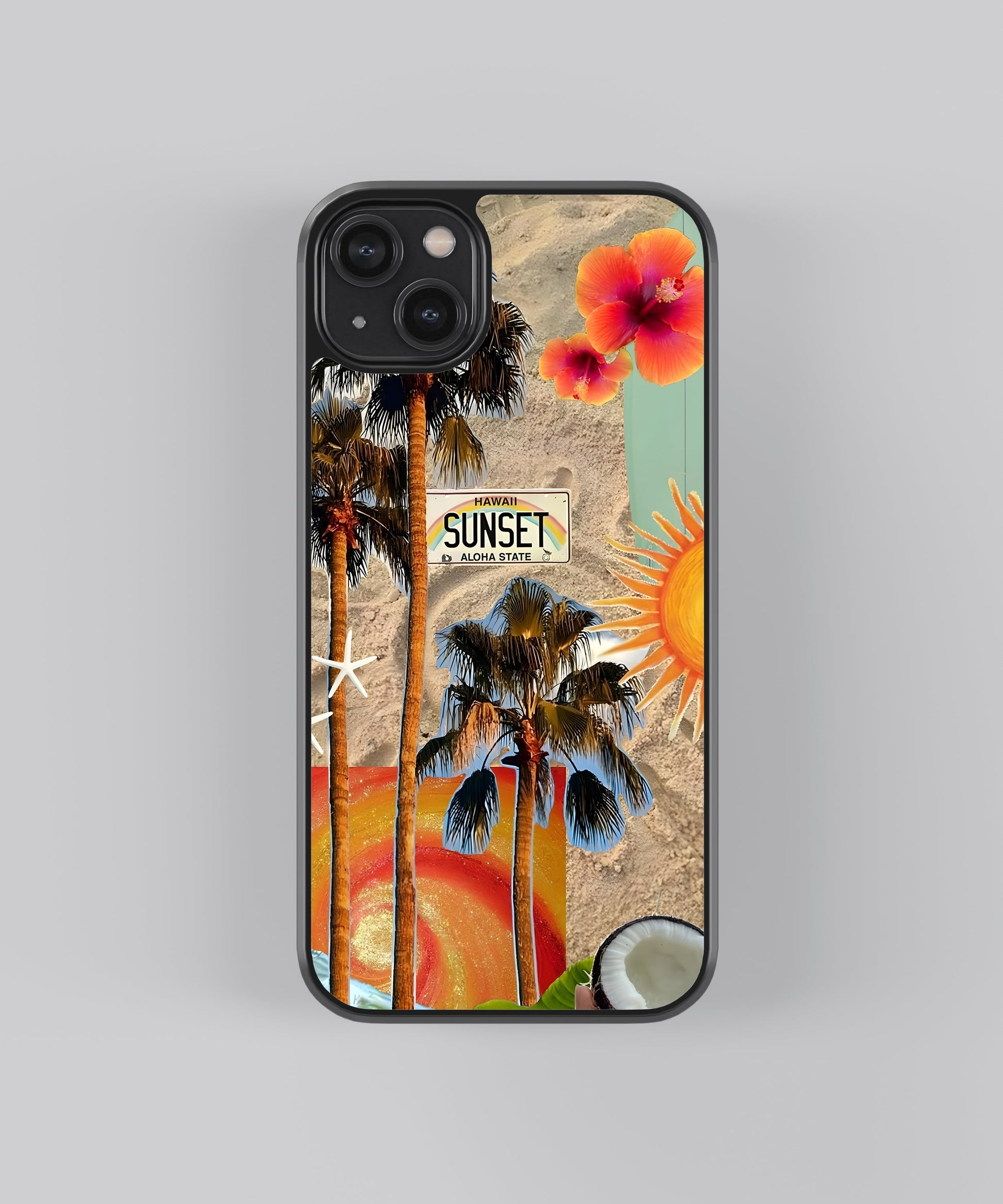 Glossy glass phone case featuring printed design artwork, shown with smooth reflective surface