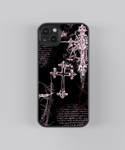 Glossy glass phone case featuring printed design artwork, shown with smooth reflective surface